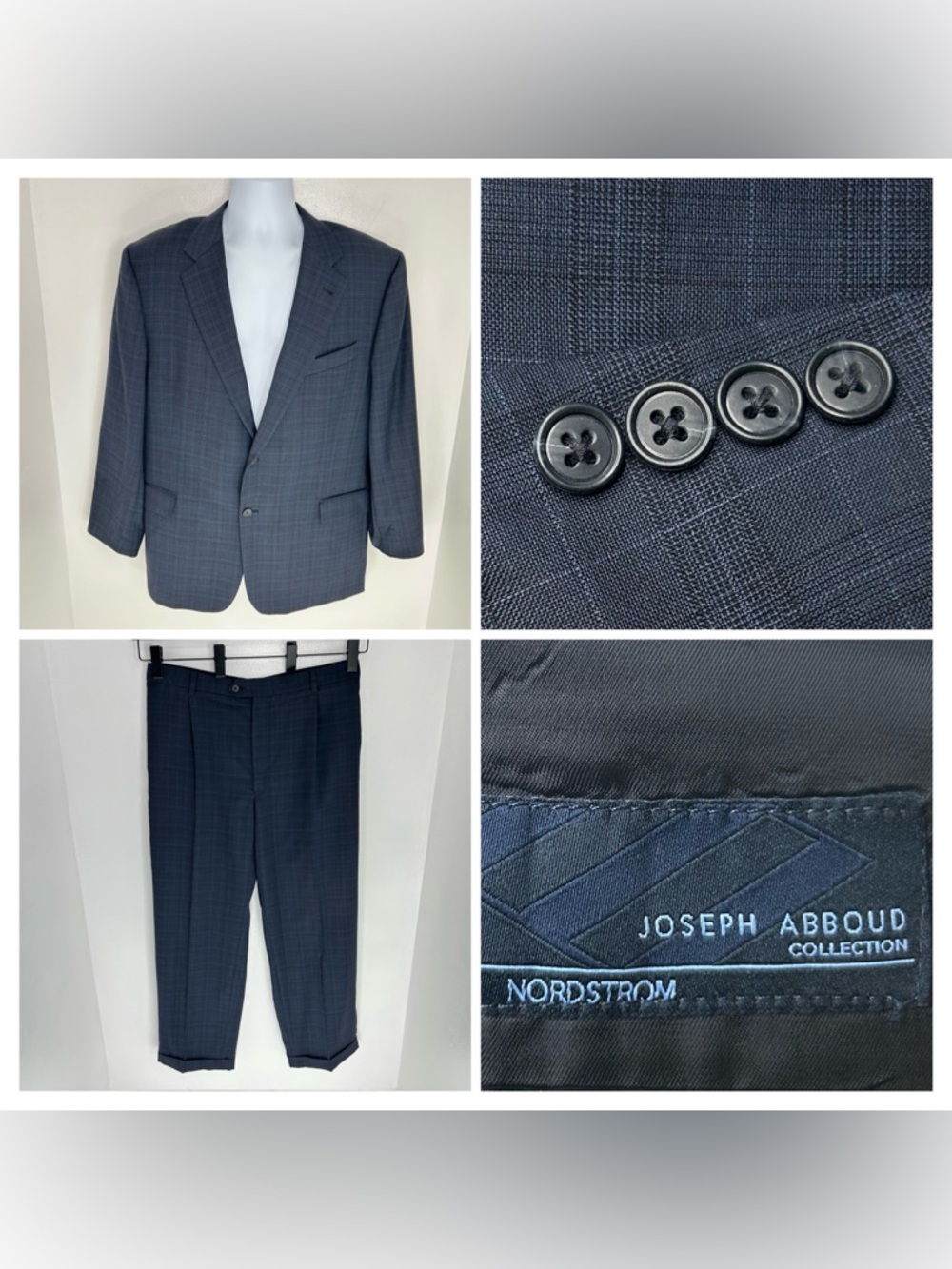 Joseph Abboud Grey Plaid 100% Wool Mens Suit Size 46R Jacket 34x29 Pants